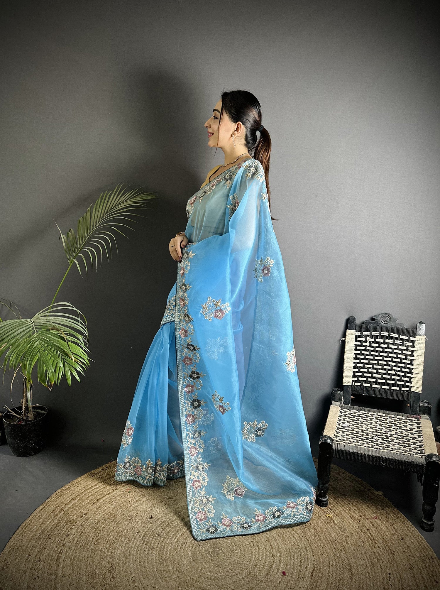Light Turquoise Organza Silk Saree with Dubble Sequence Work