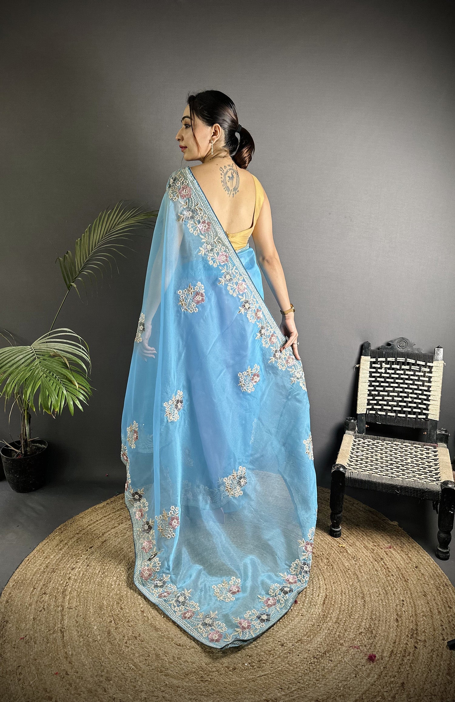 Light Turquoise Organza Silk Saree with Dubble Sequence Work