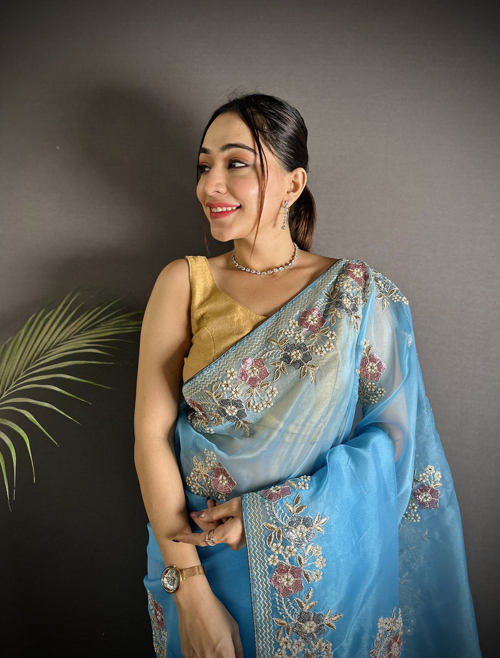Light Turquoise Organza Silk Saree with Dubble Sequence Work