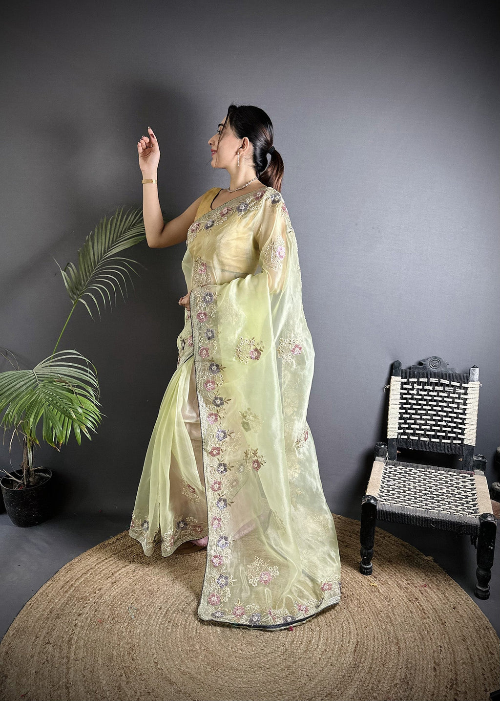 Pale Prim Yellow Organza Silk Double Sequence Saree with Grey Blouse