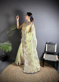 Pale Prim Yellow Organza Silk Double Sequence Saree with Grey Blouse