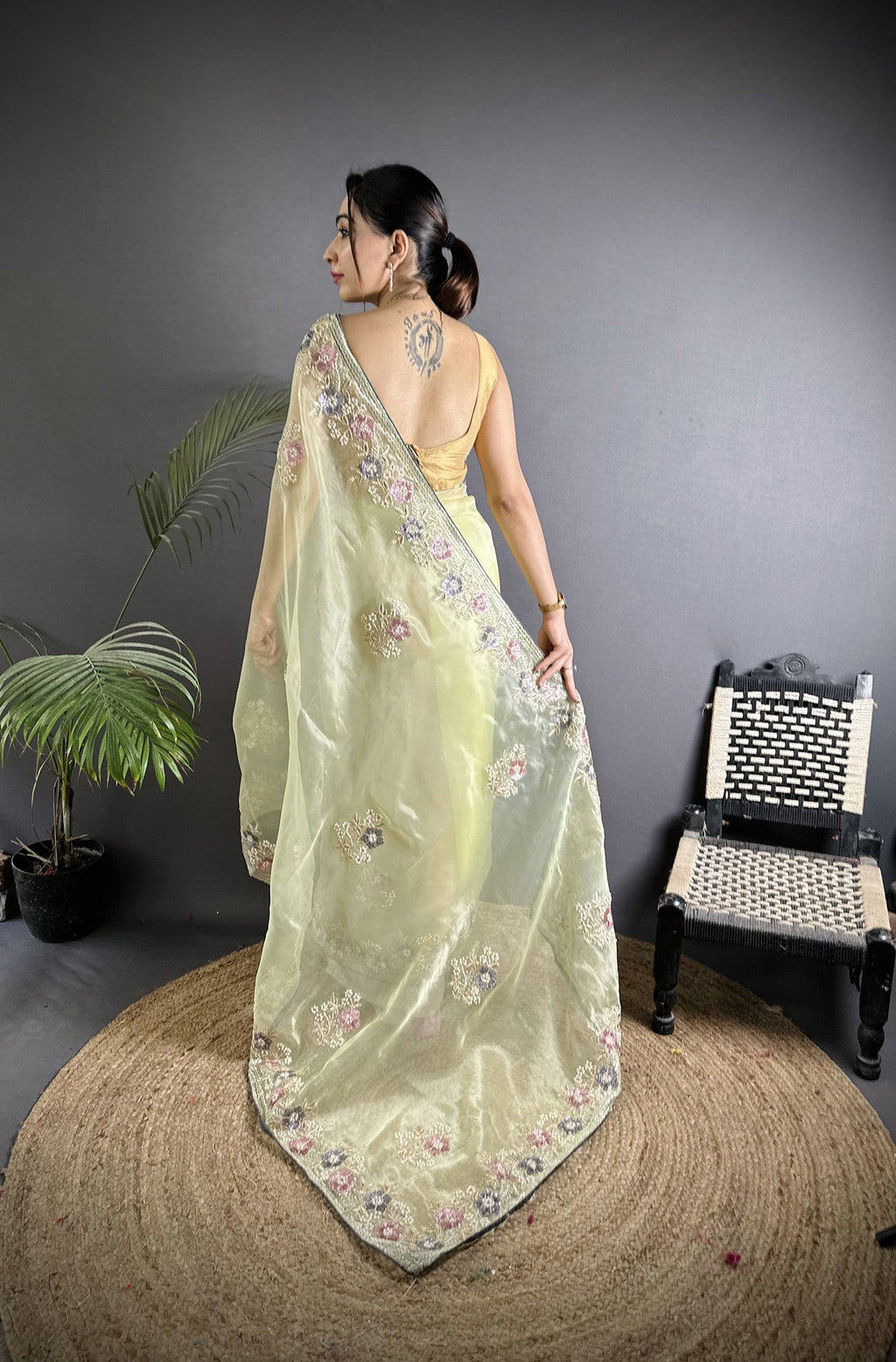 Pale Prim Yellow Organza Silk Double Sequence Saree with Grey Blouse