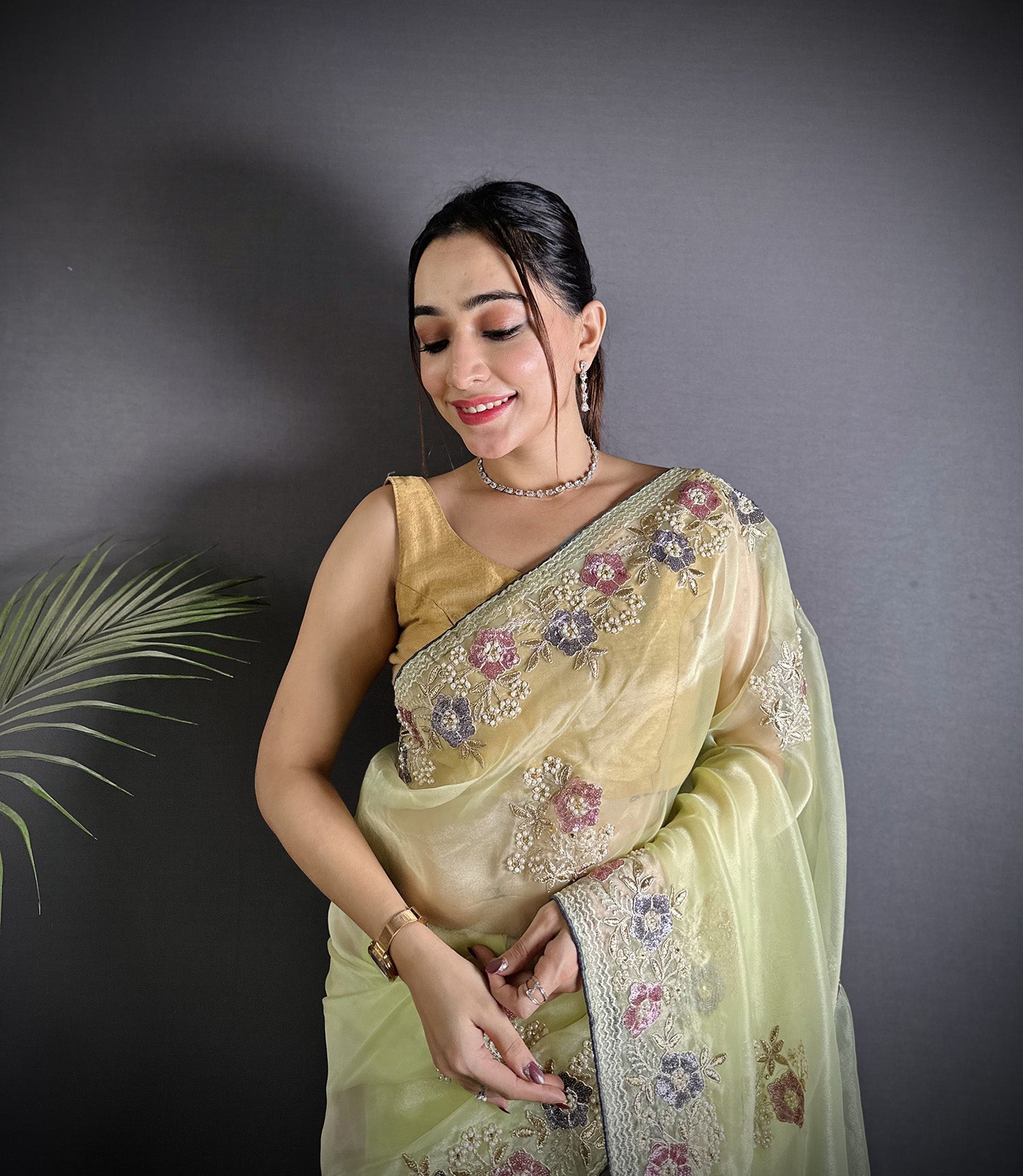 Pale Prim Yellow Organza Silk Double Sequence Saree with Grey Blouse