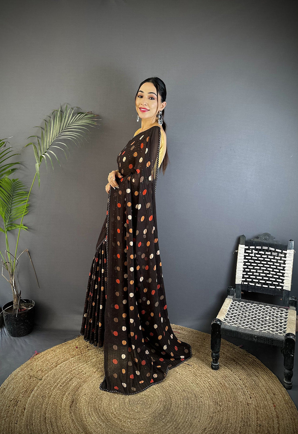Black Georgette Saree with Classic Polka Dot Pattern