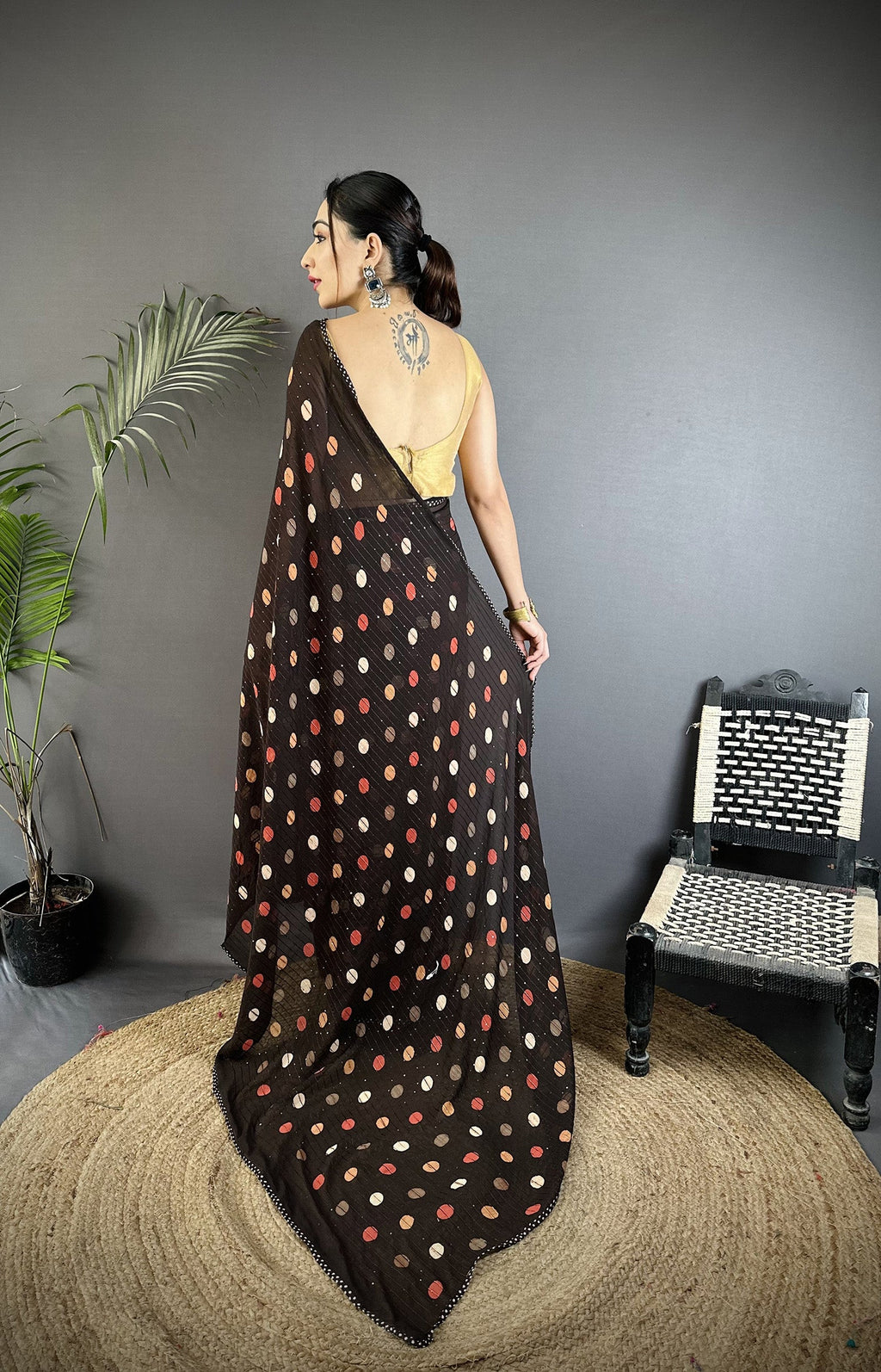Black Georgette Saree with Classic Polka Dot Pattern