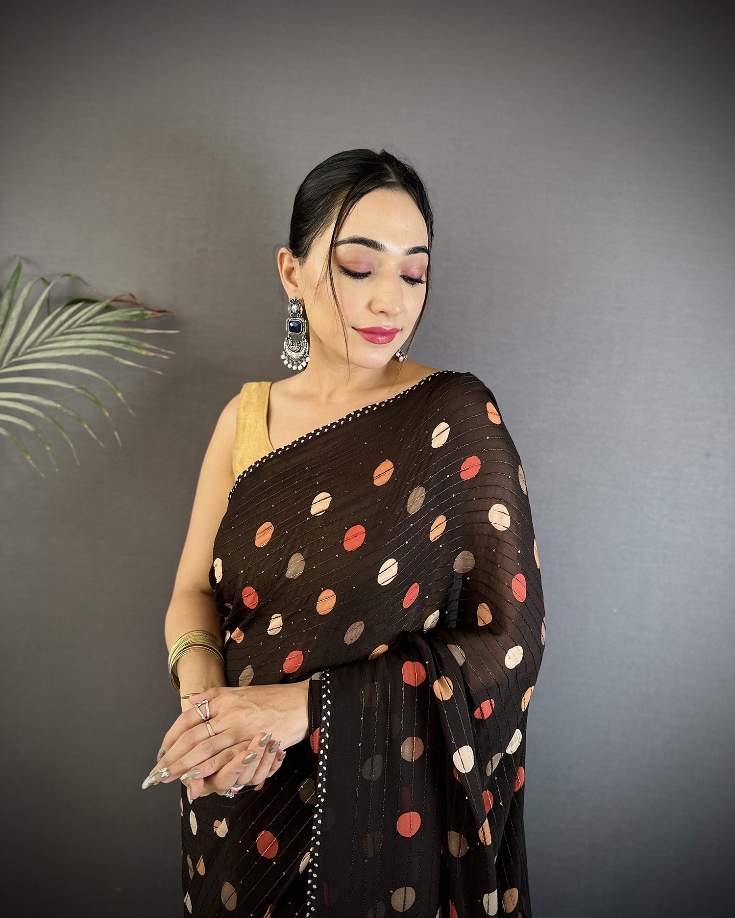 Black Georgette Saree with Classic Polka Dot Pattern