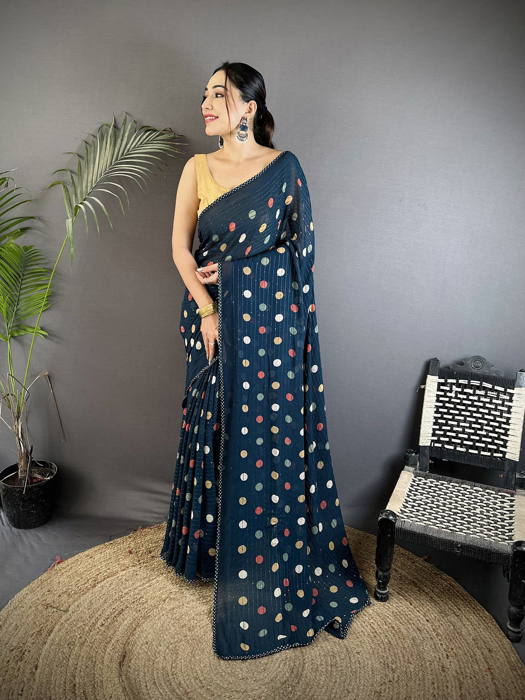 Deep Blue Georgette saree with a classic white polka dot pattern