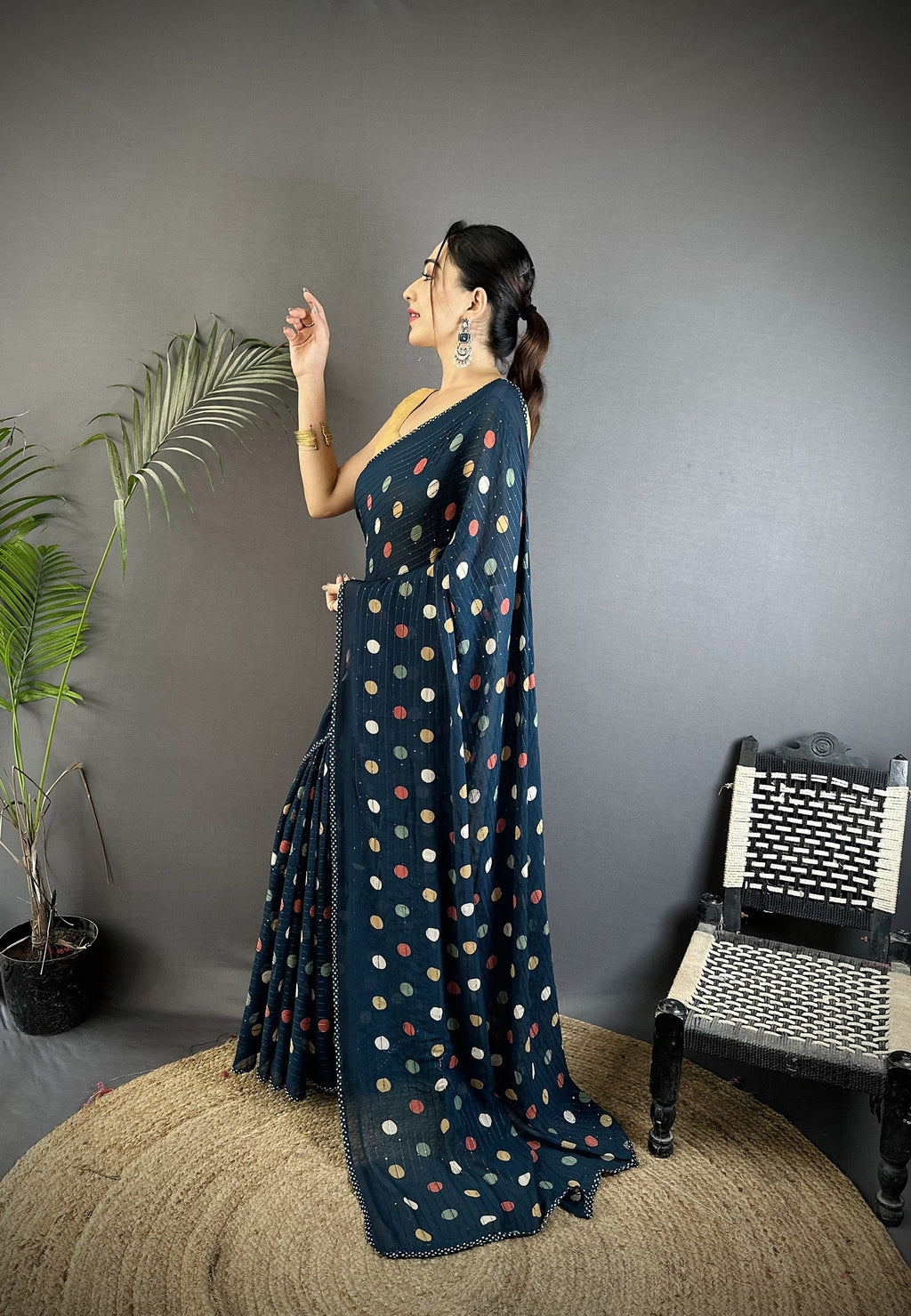 Deep Blue Georgette Saree with Classic Polka Dot Pattern