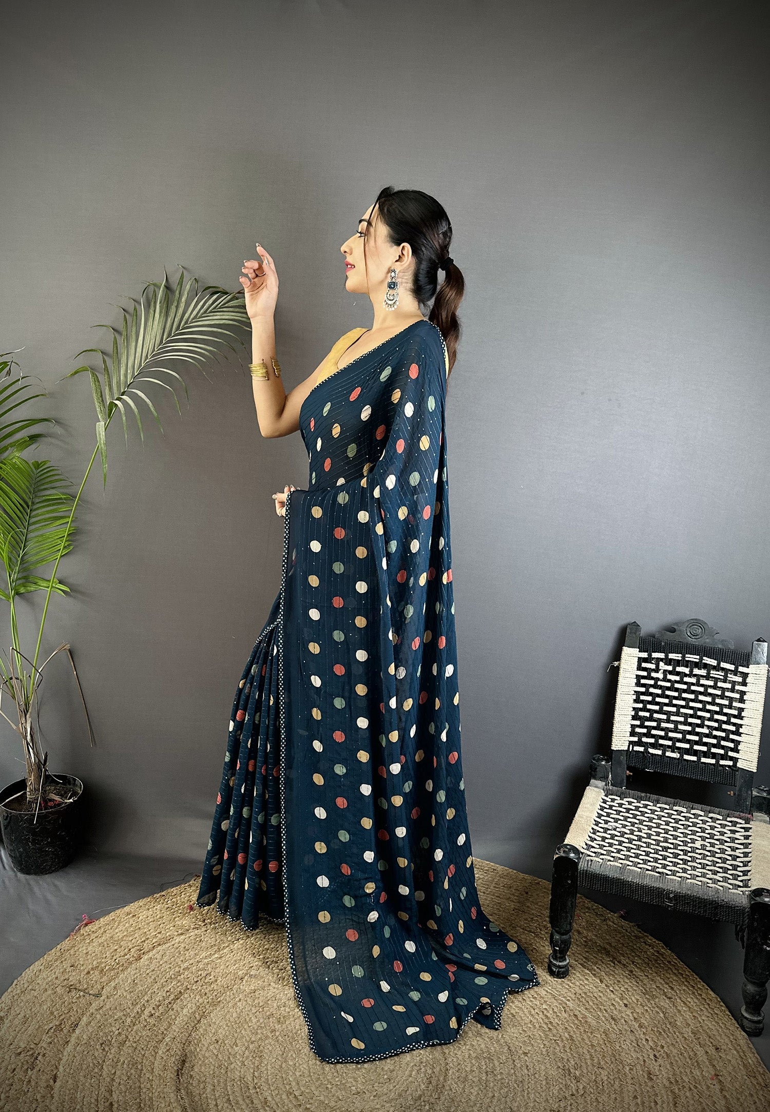 Deep Blue Georgette Saree with Classic Polka Dot Pattern