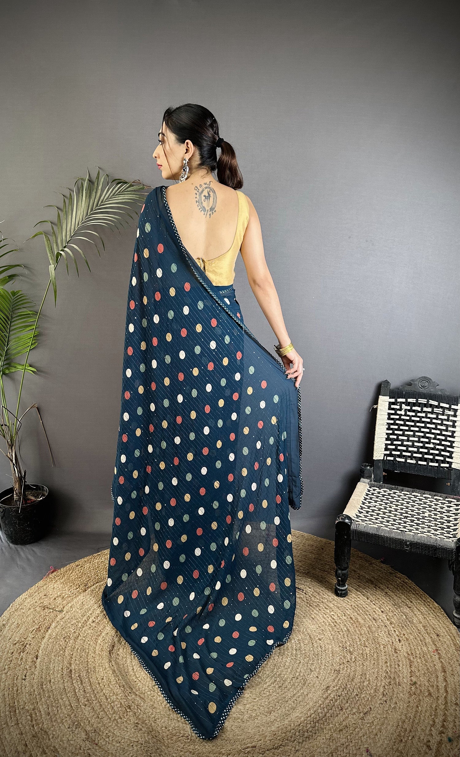 Deep Blue Georgette Saree with Classic Polka Dot Pattern