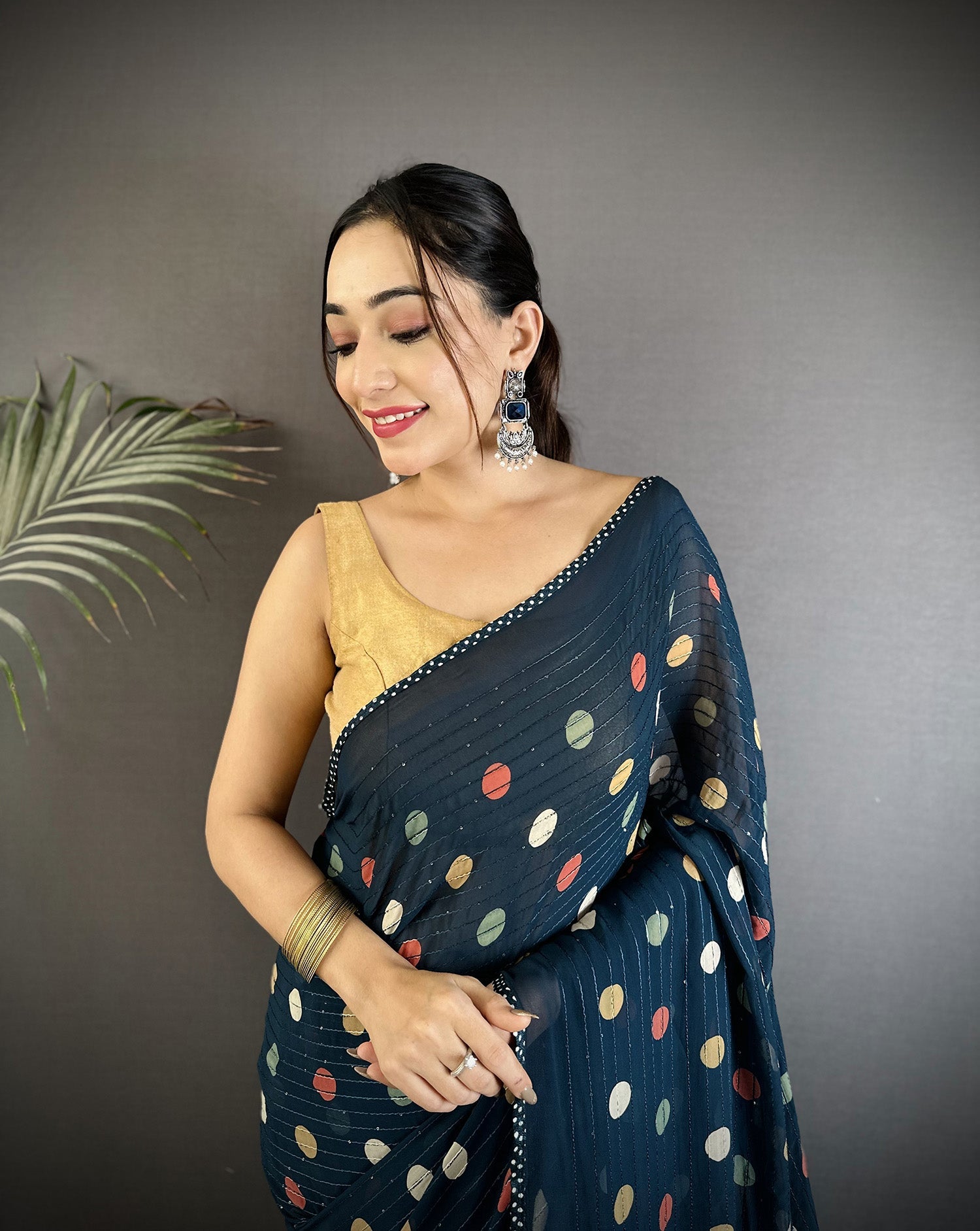 Deep Blue Georgette Saree with Classic Polka Dot Pattern