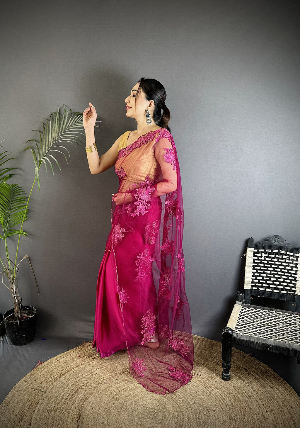 Fuchsia Georgette Saree with Floral Embroidery
