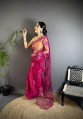 Fuchsia Georgette Saree with Floral Embroidery