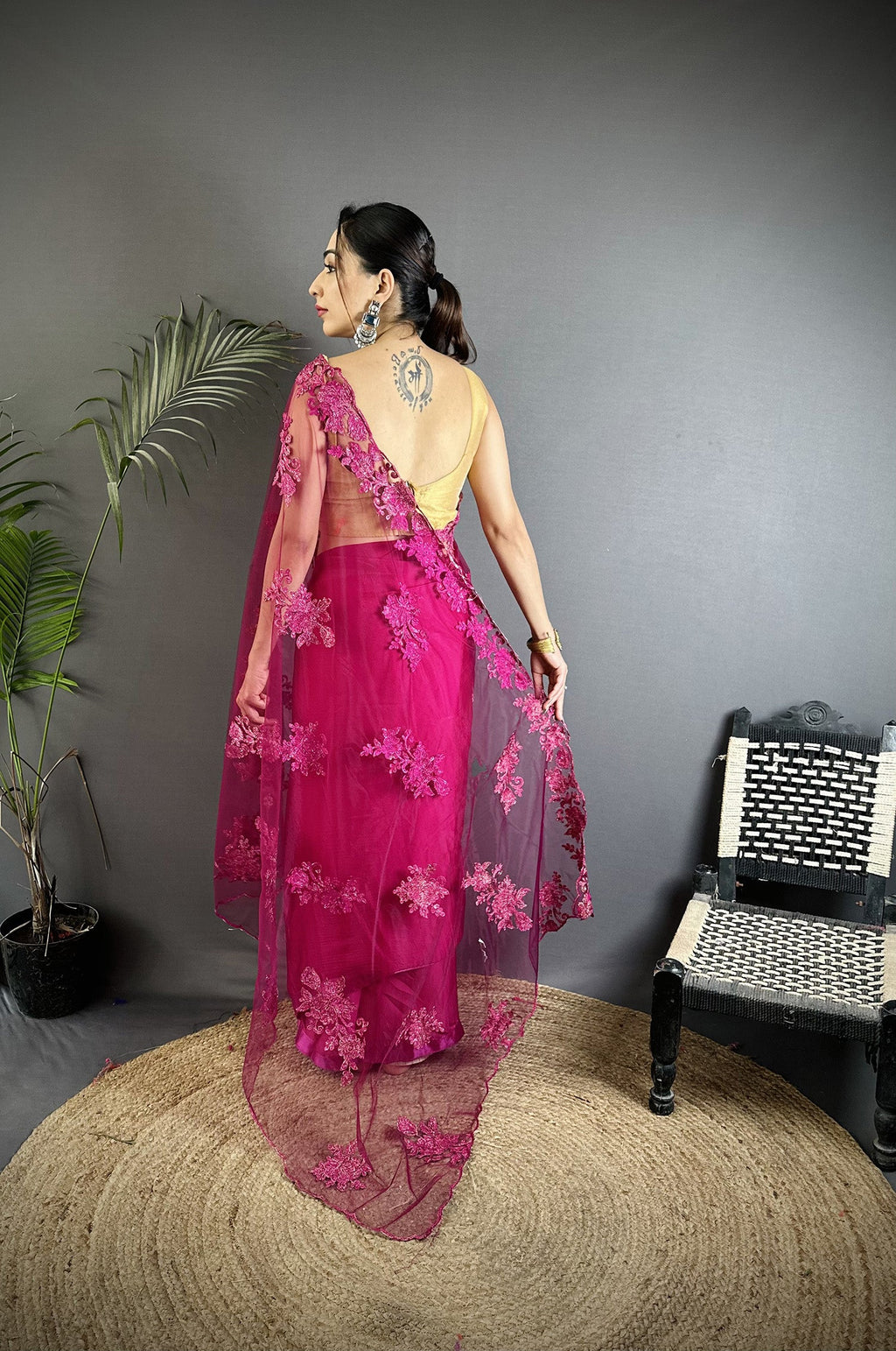 Fuchsia Georgette Saree with Floral Embroidery