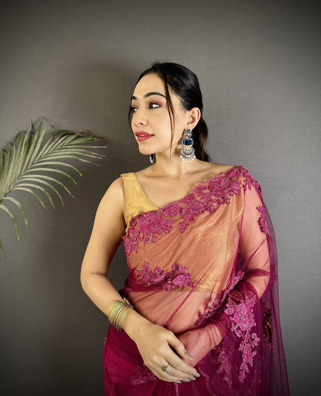 Fuchsia Georgette Saree with Floral Embroidery
