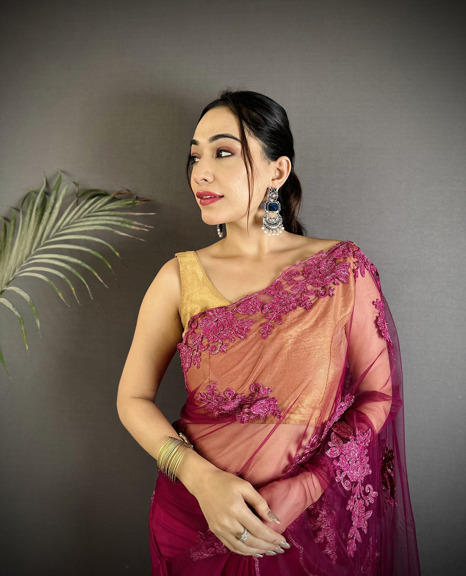 Fuchsia Georgette Saree with Floral Embroidery