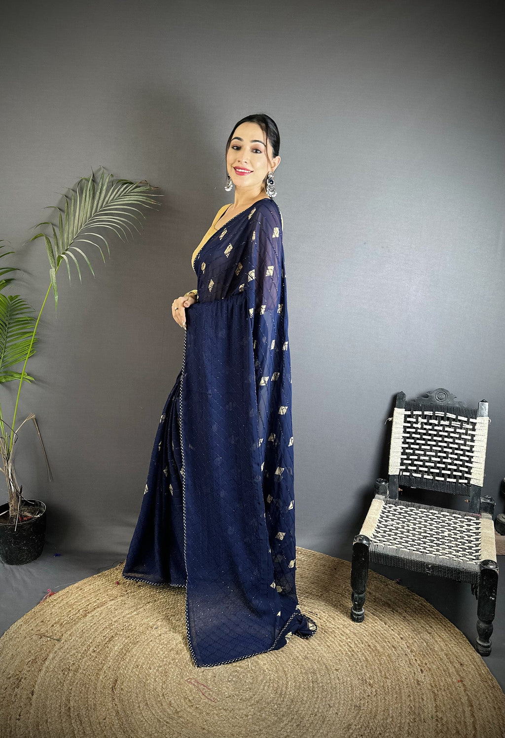 Navy Blue Georgette Saree with Classic Polka Dot Pattern