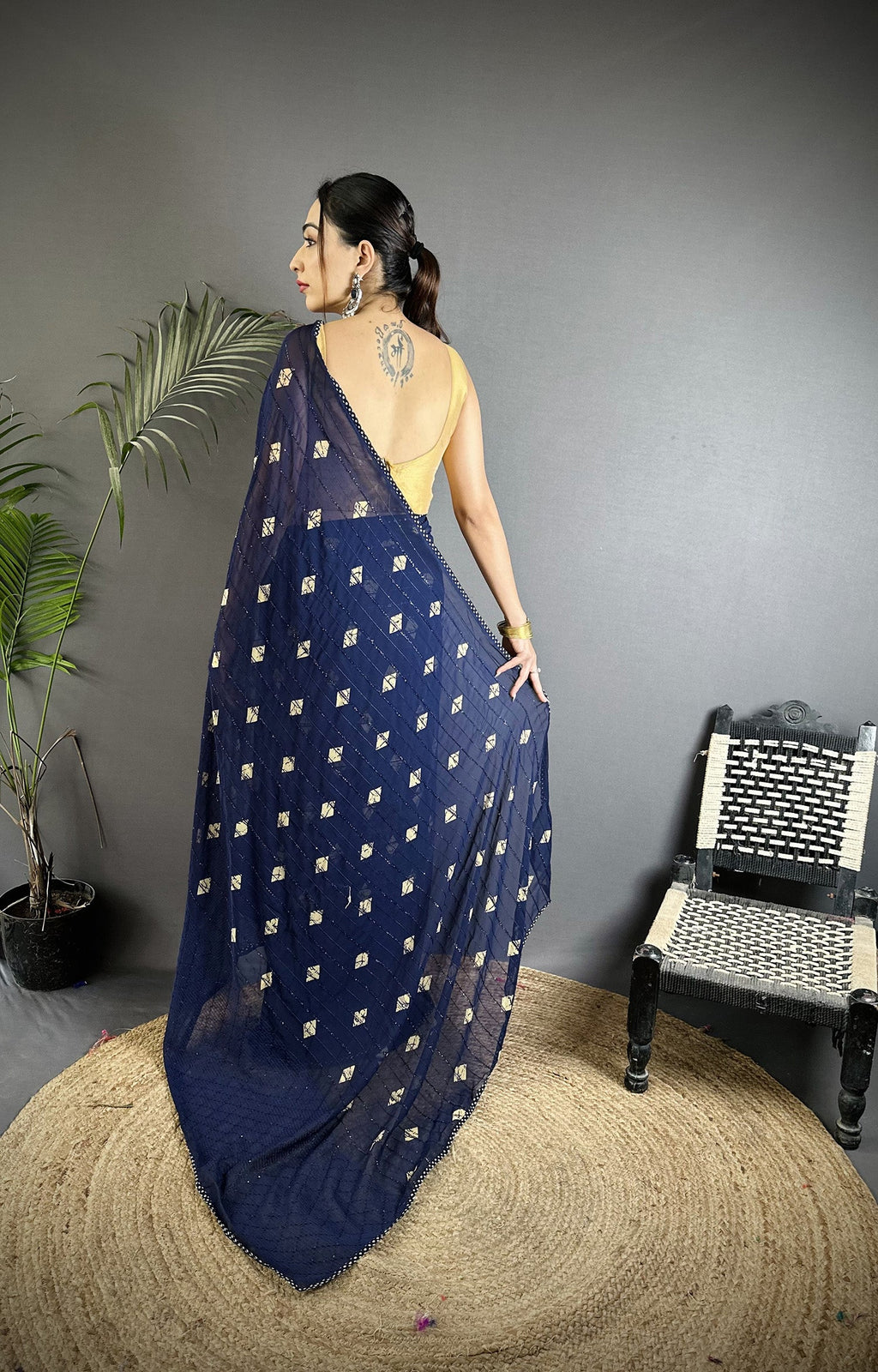 Navy Blue Georgette Saree with Classic Polka Dot Pattern