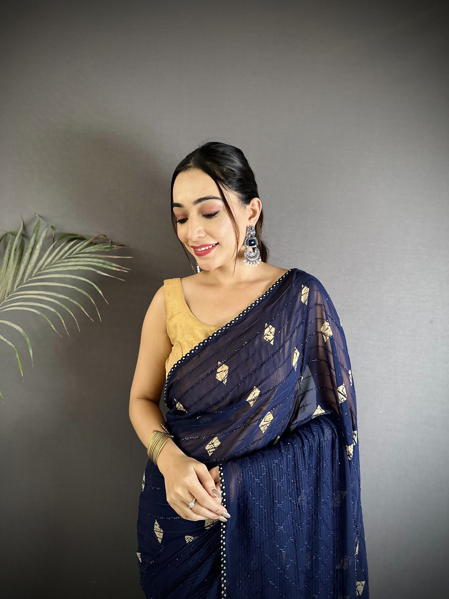 Navy Blue Georgette Saree with Classic Polka Dot Pattern