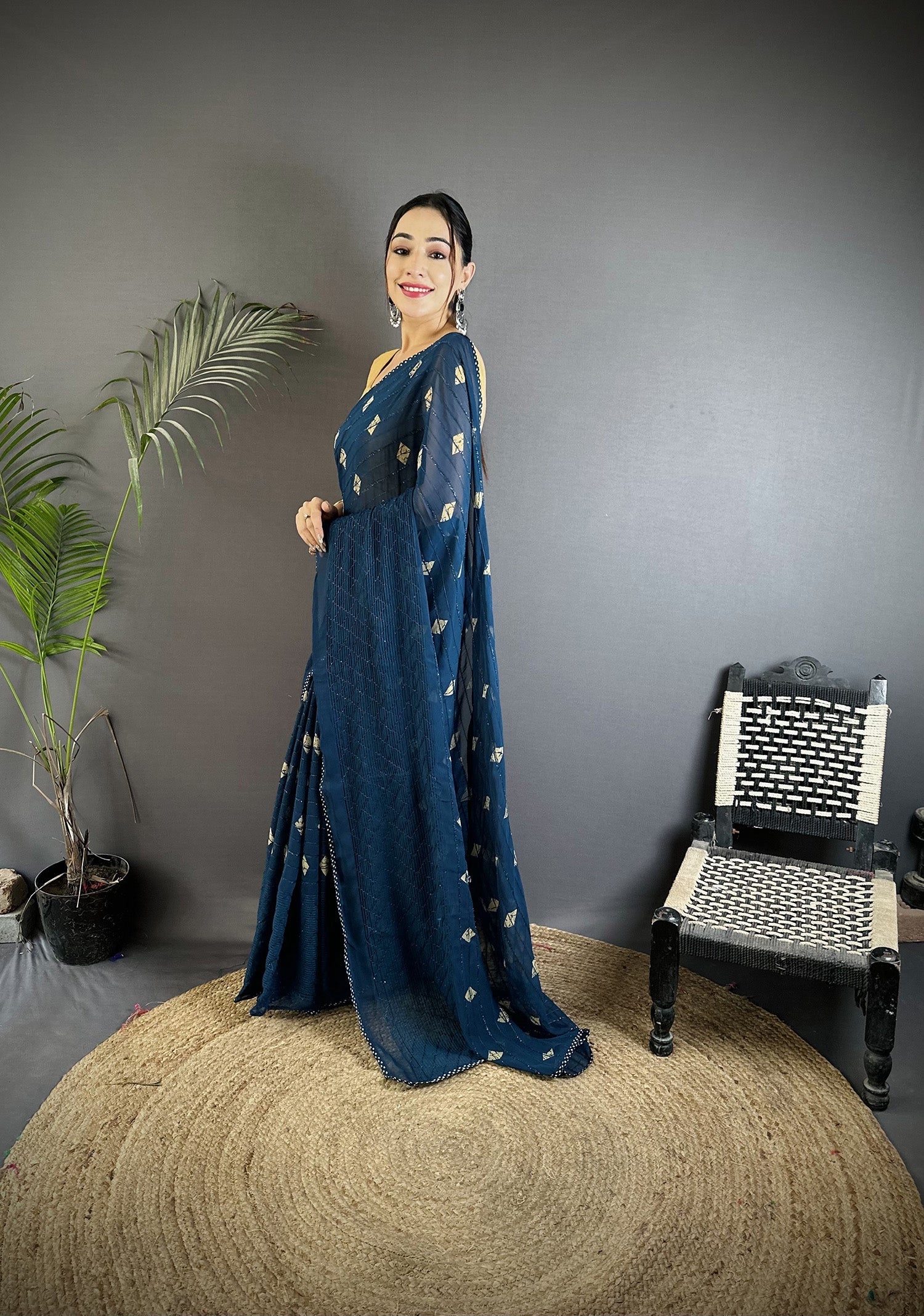 Blue Georgette Saree with Polka Dot Pattern