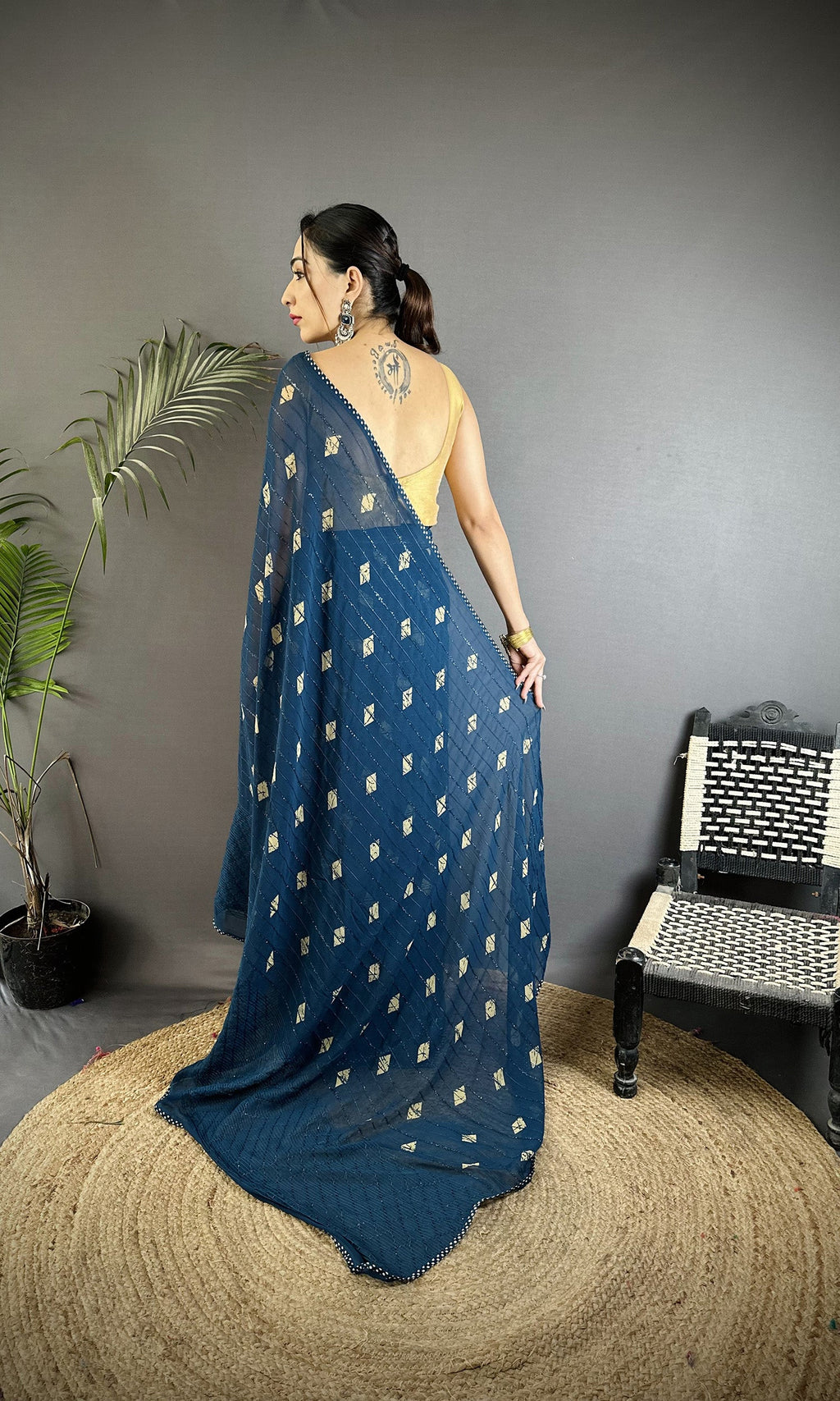 Blue Georgette Saree with Polka Dot Pattern
