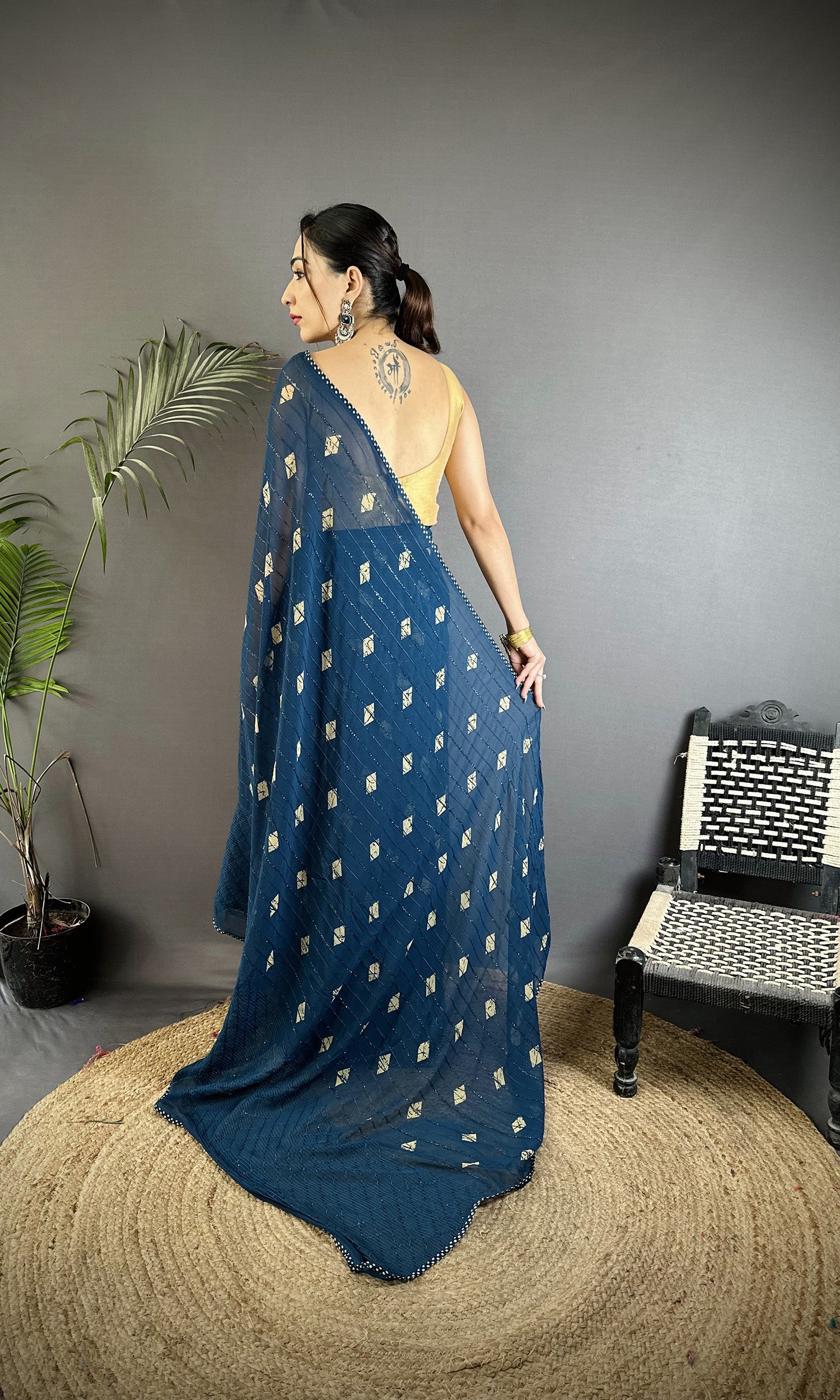 Blue Georgette Saree with Polka Dot Pattern