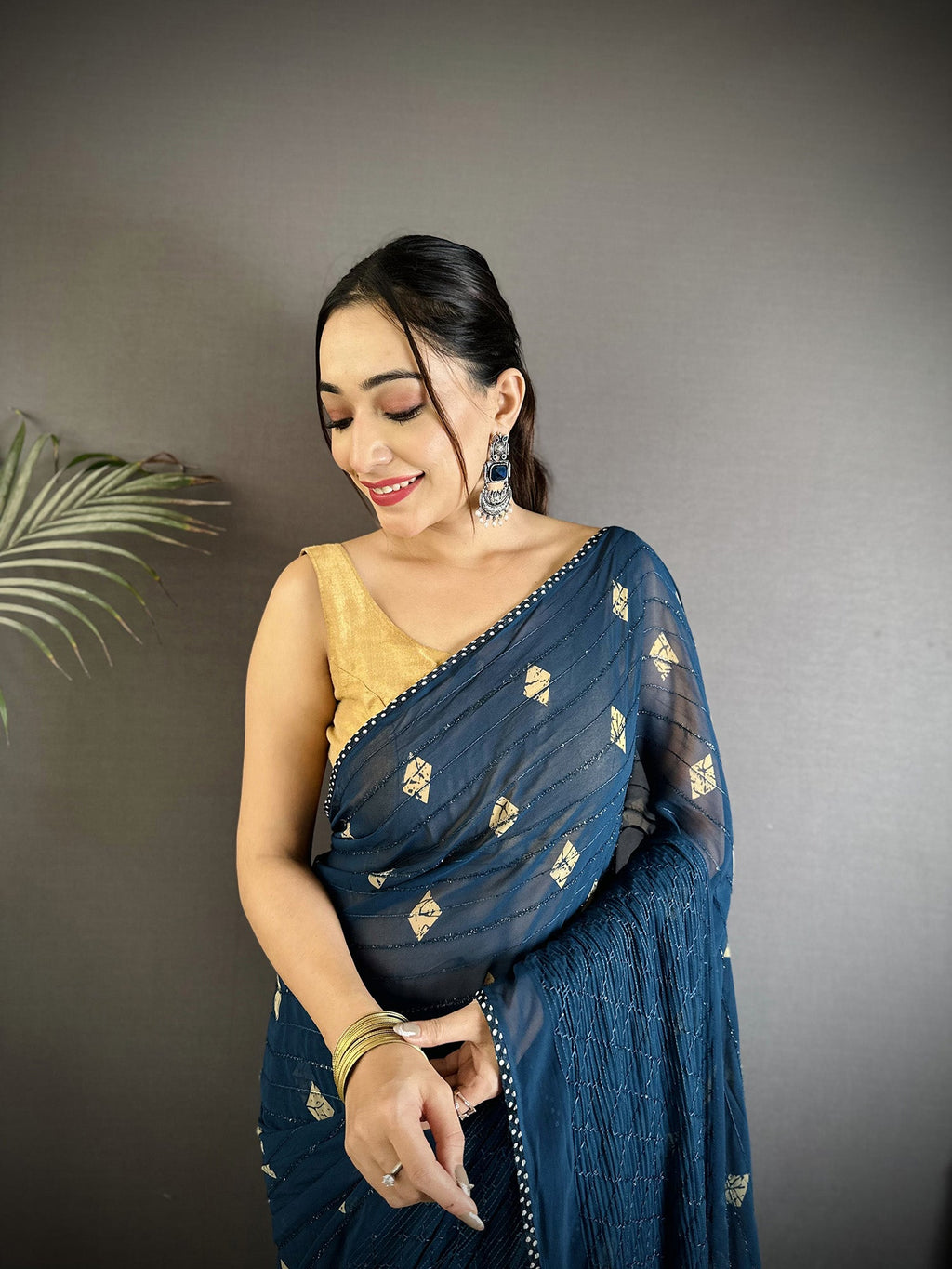 Blue Georgette Saree with Polka Dot Pattern