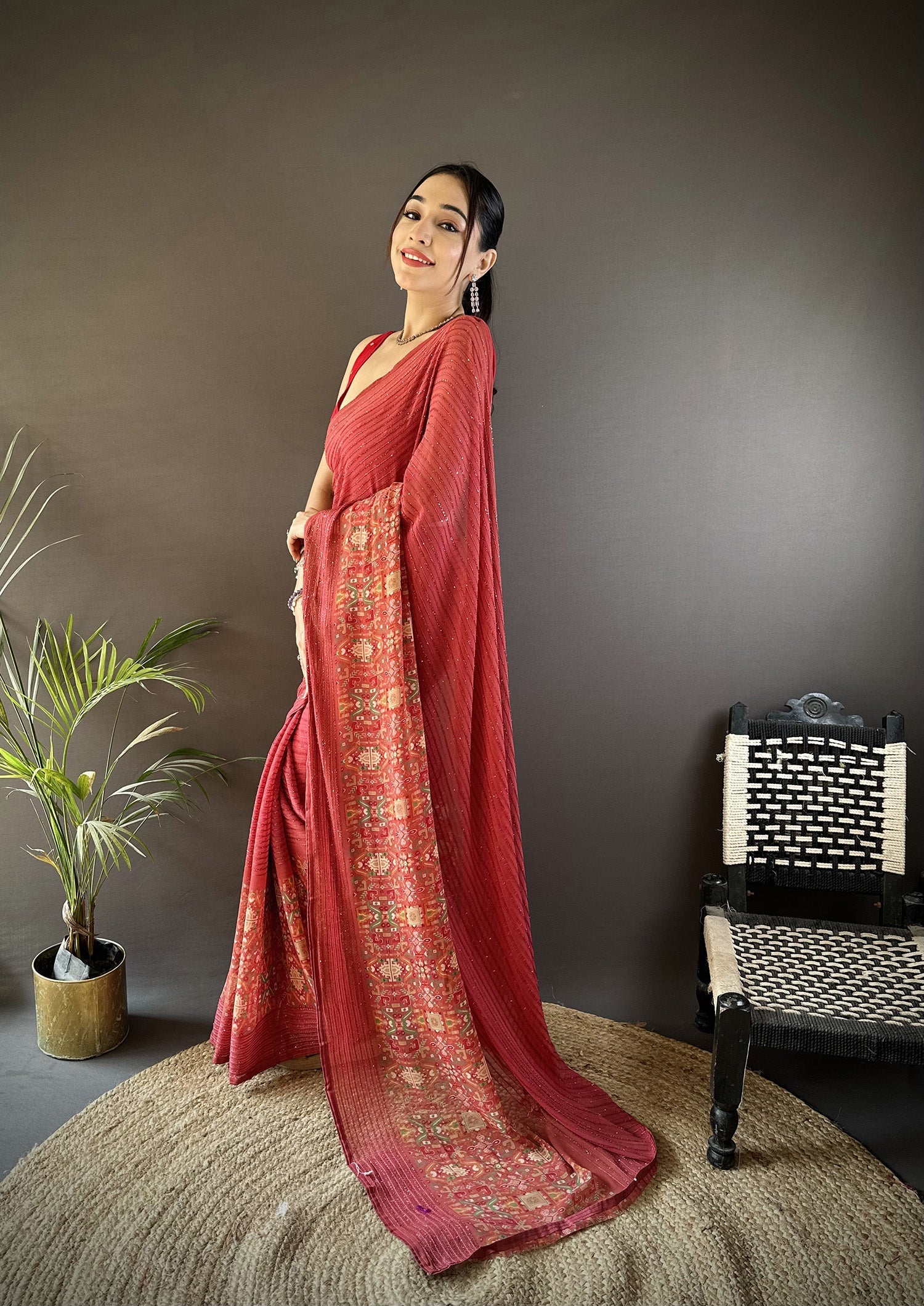 Red Georgette Saree with Attractive Foil Print