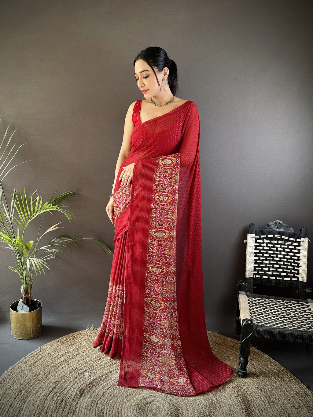 Royal Red georgette saree featuring an attractive gold foil print pattern