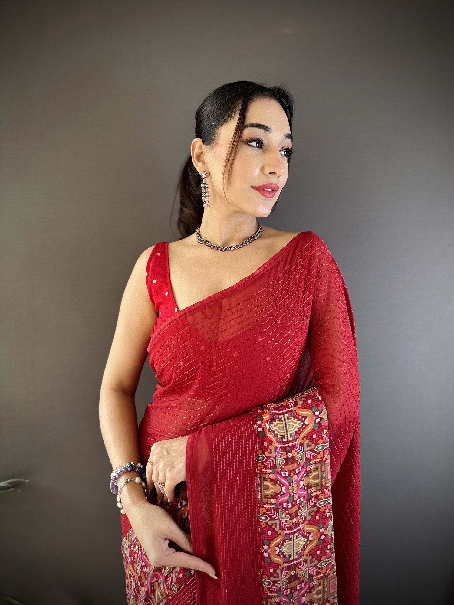 Royal Red Georgette Saree with Elegant Foil Print