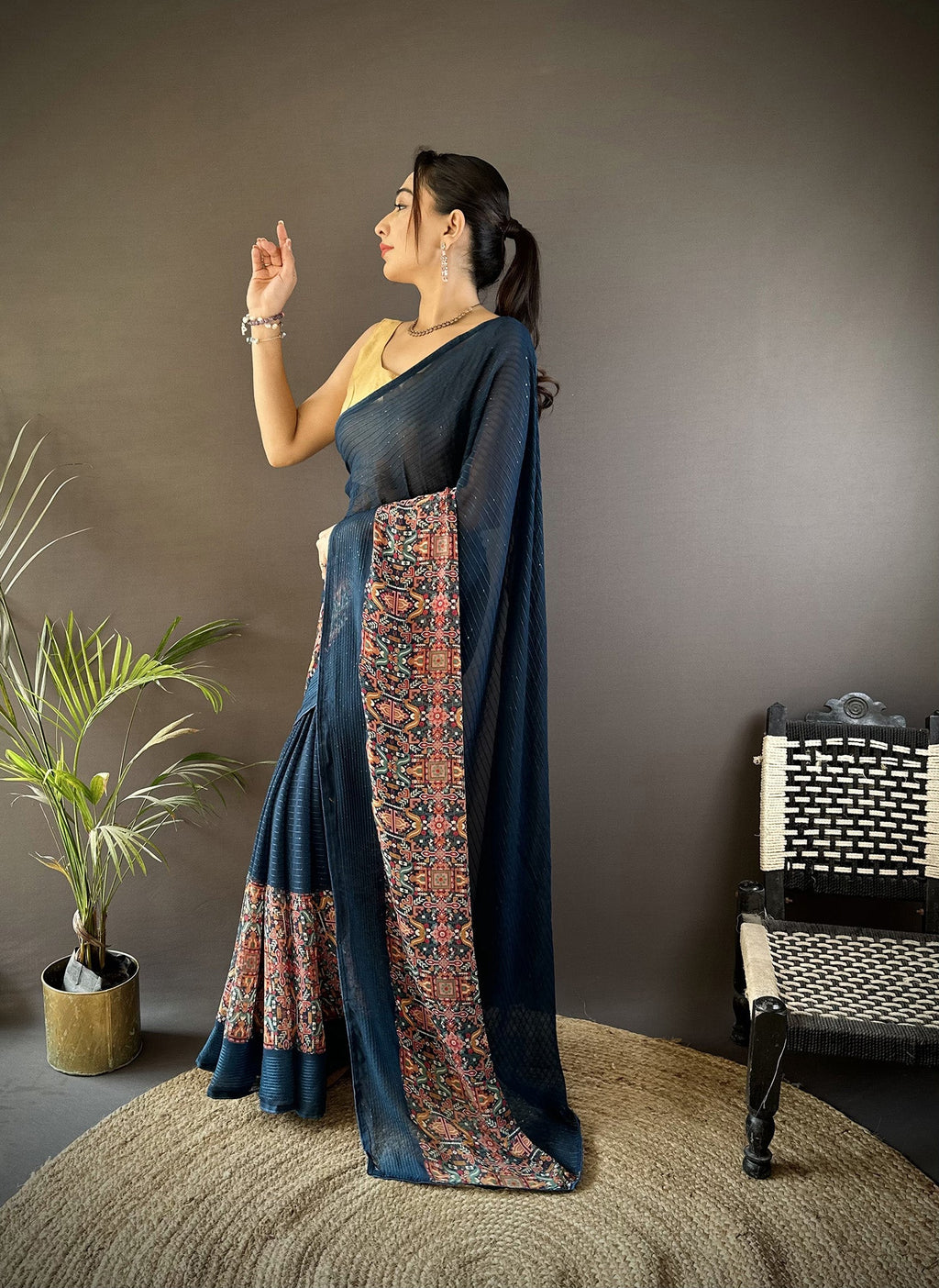 Blue Georgette Foil Print Saree with Matching Blouse