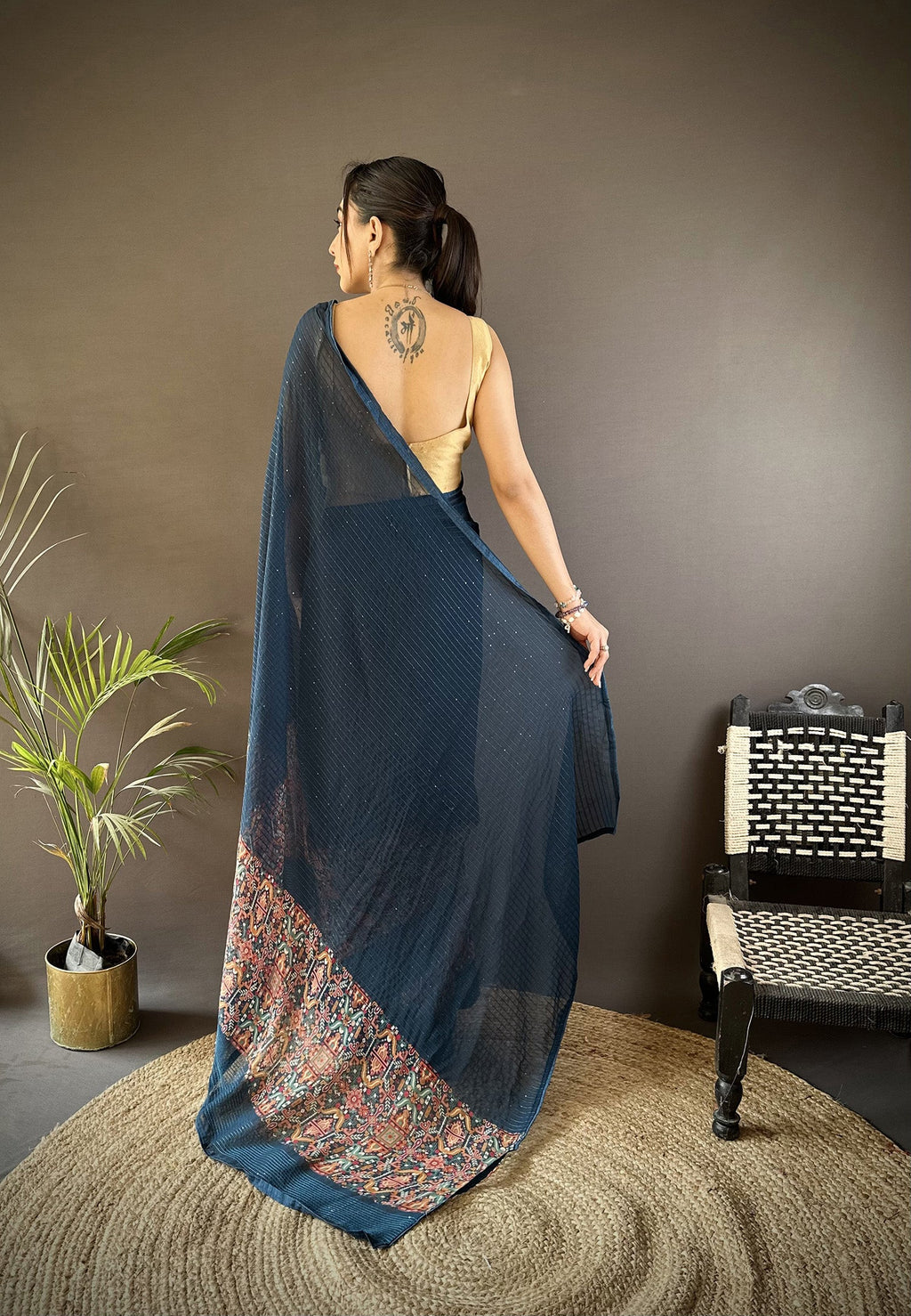 Blue Georgette Foil Print Saree with Matching Blouse