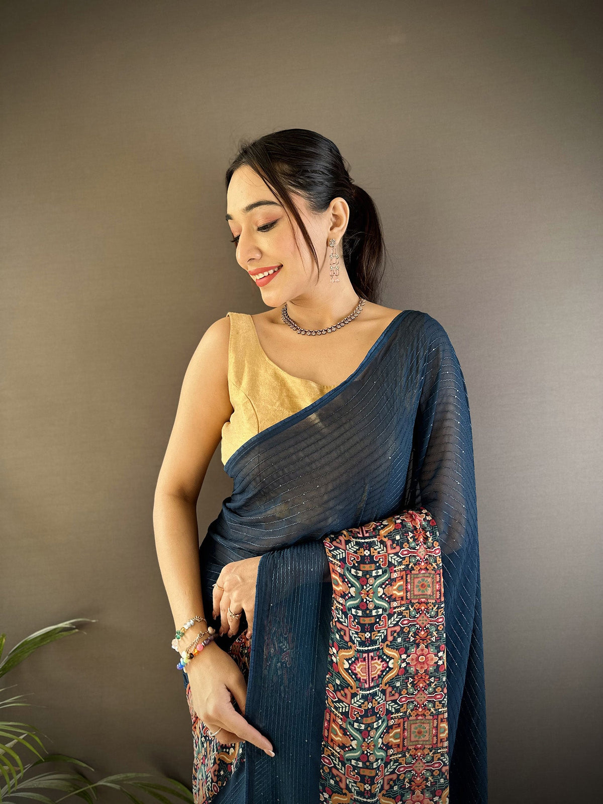Blue Georgette Foil Print Saree with Matching Blouse