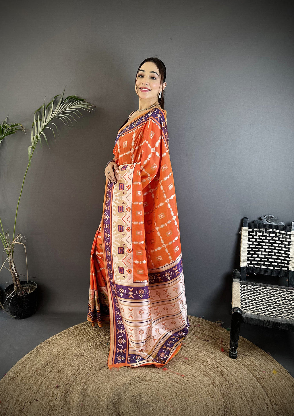Orange Banarasi Silk Saree with Nature-Inspired Motifs