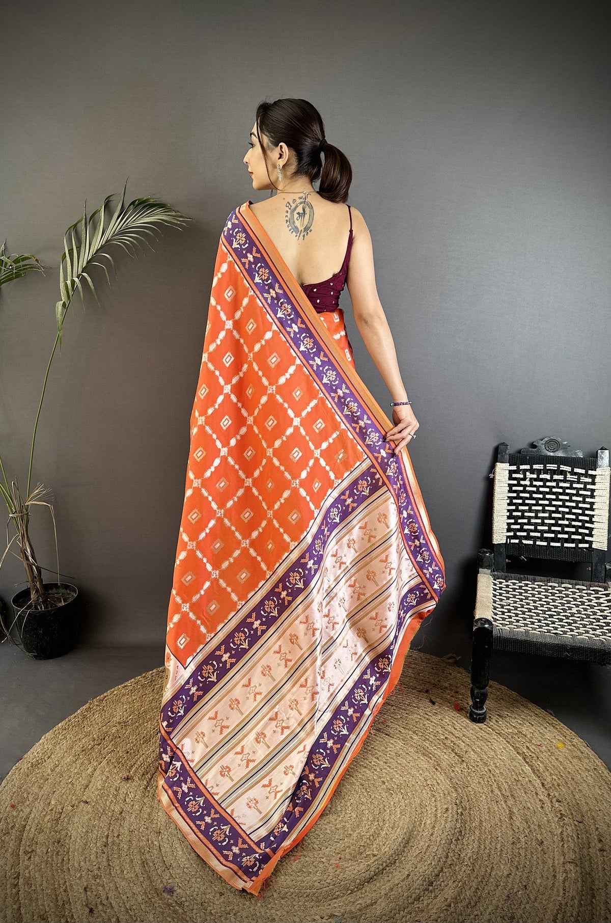 Orange Banarasi Silk Saree with Nature-Inspired Motifs