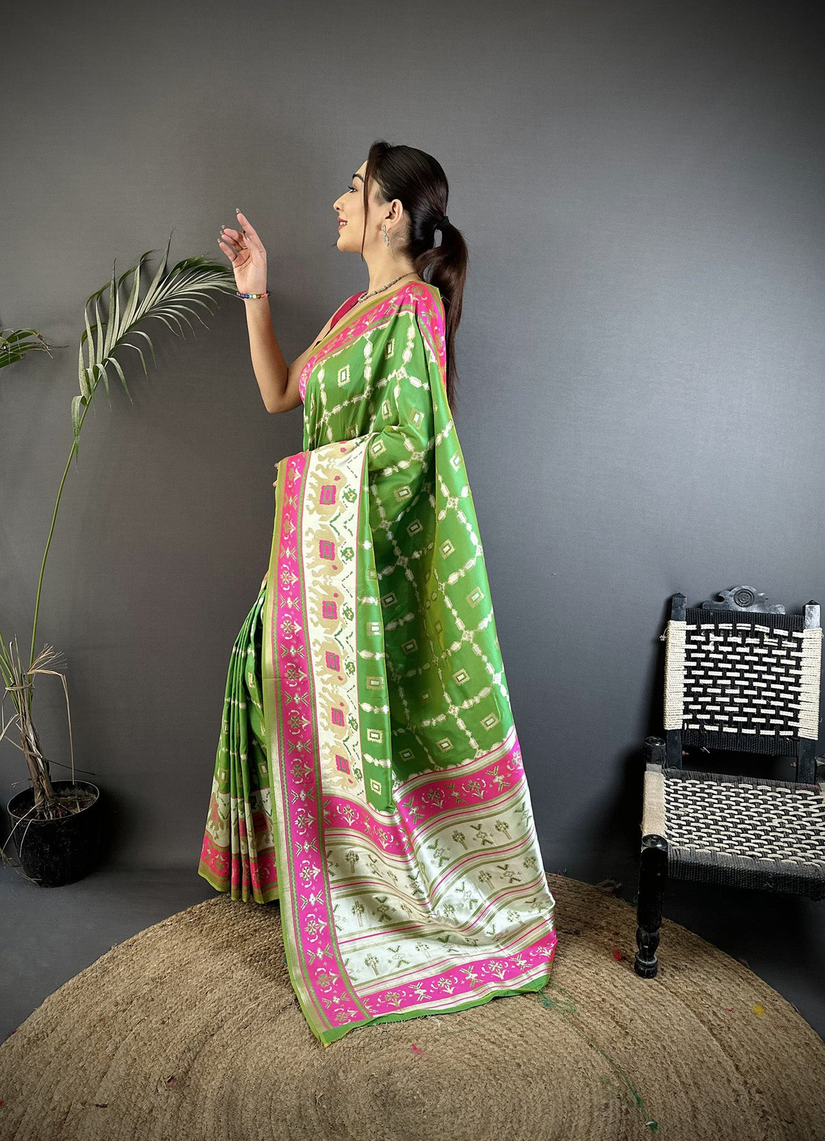 Parrot Green Banarasi Silk Saree with Nature-Inspired Motifs