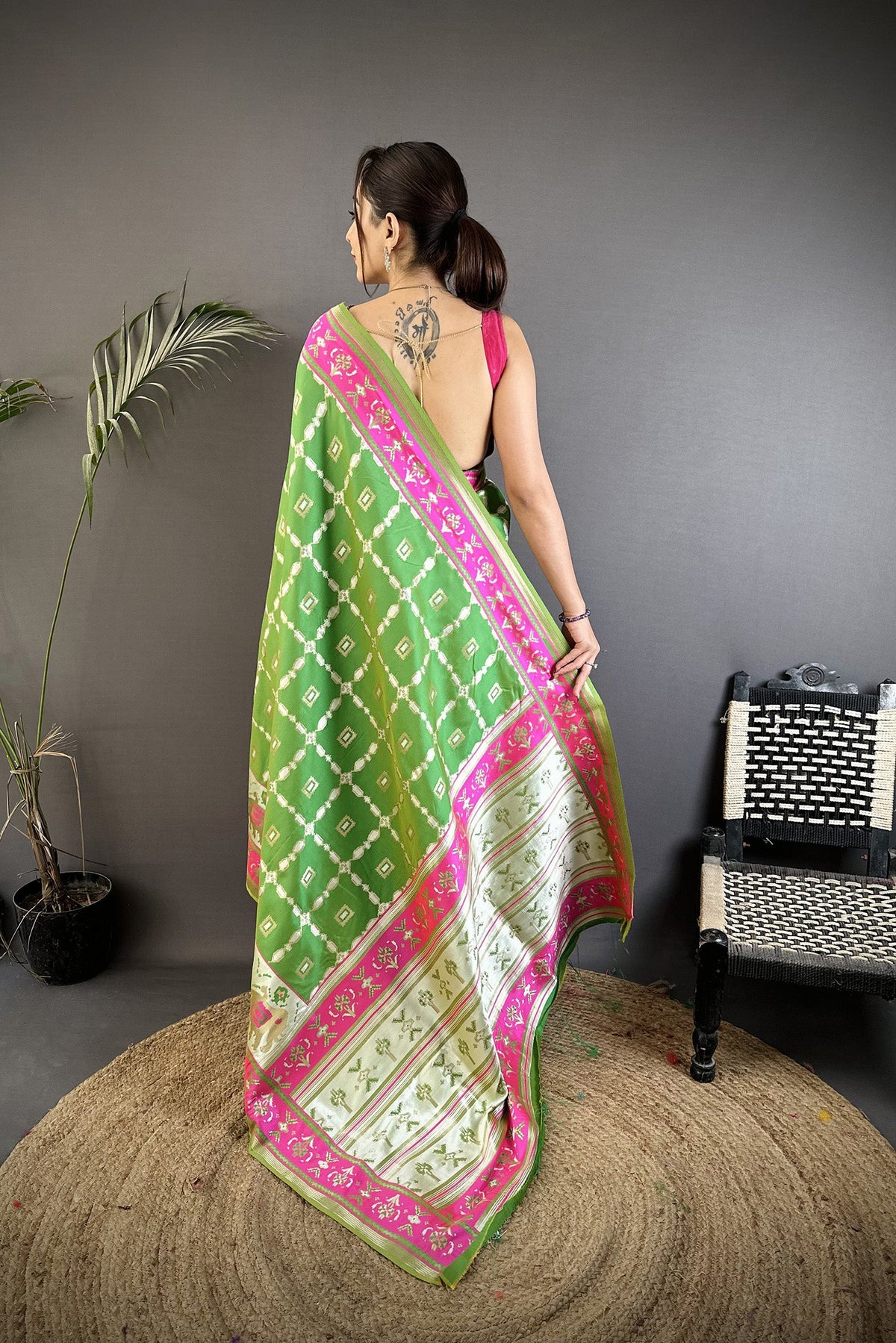 Parrot Green Banarasi Silk Saree with Nature-Inspired Motifs