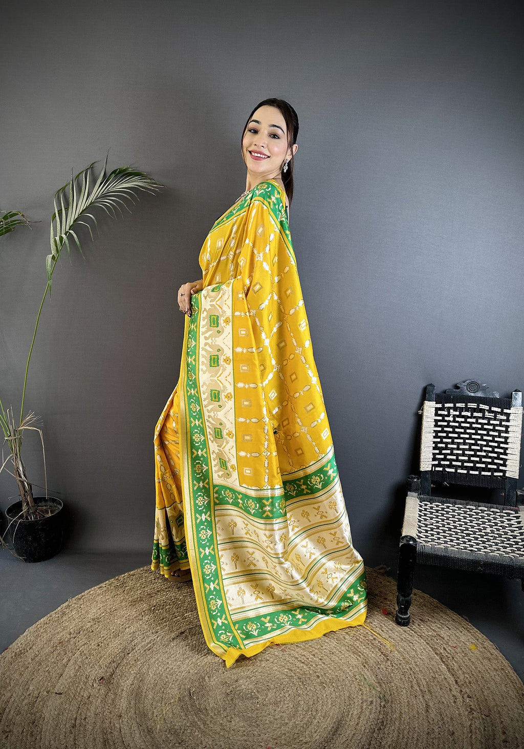 Yellow Banarasi Silk Saree with Nature Inspired Motifs