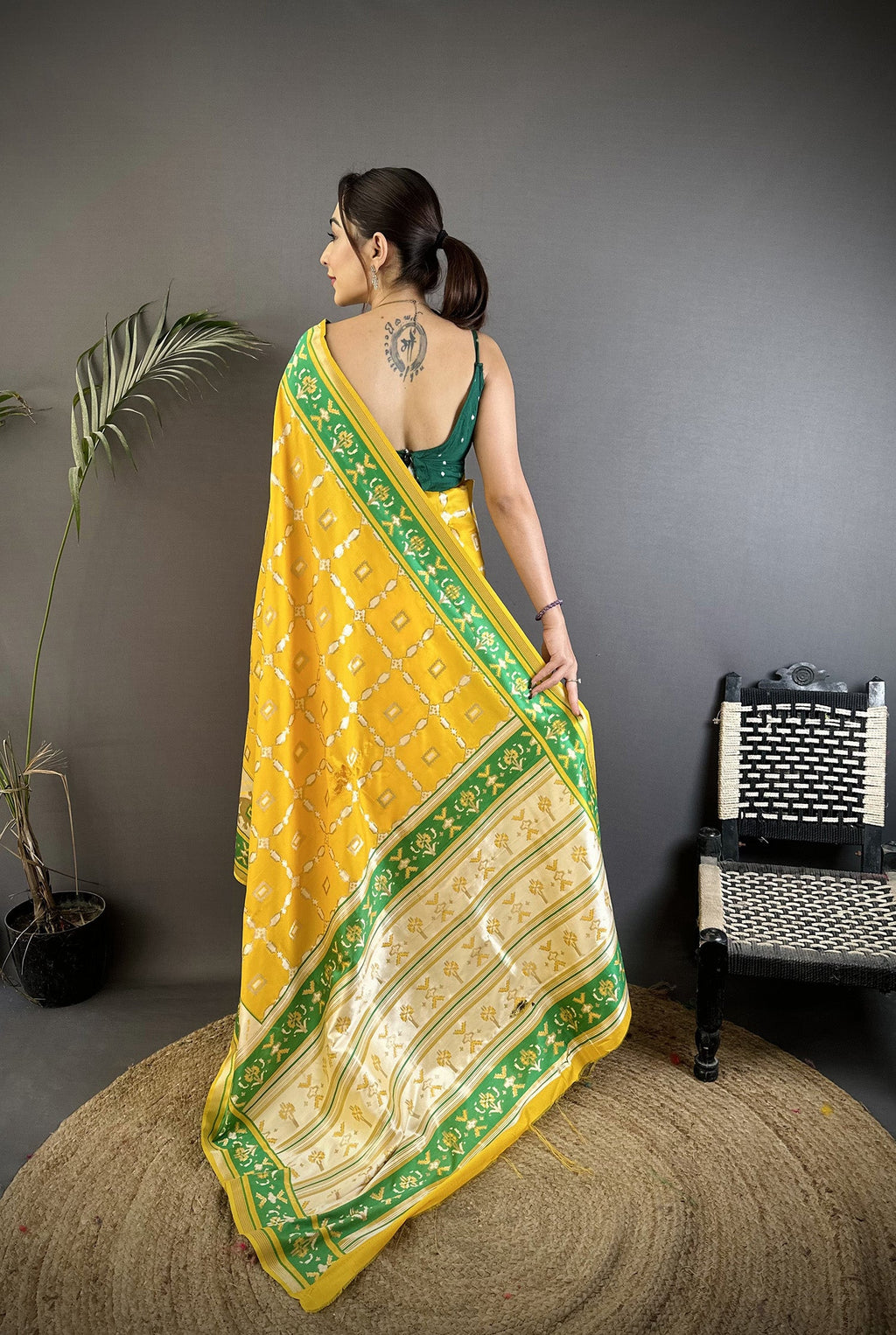 Yellow Banarasi Silk Saree with Nature Inspired Motifs