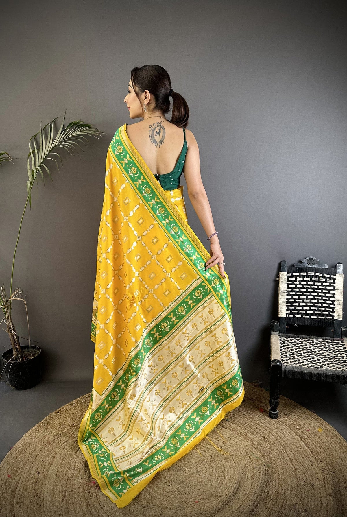 Yellow Banarasi Silk Saree with Nature Inspired Motifs