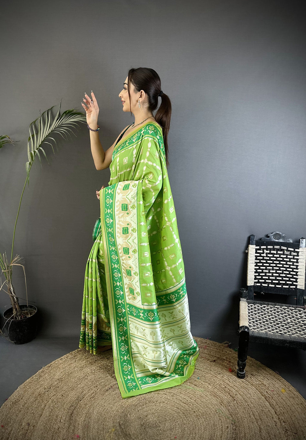Pear Green Banarasi Silk Saree with Nature Motifs