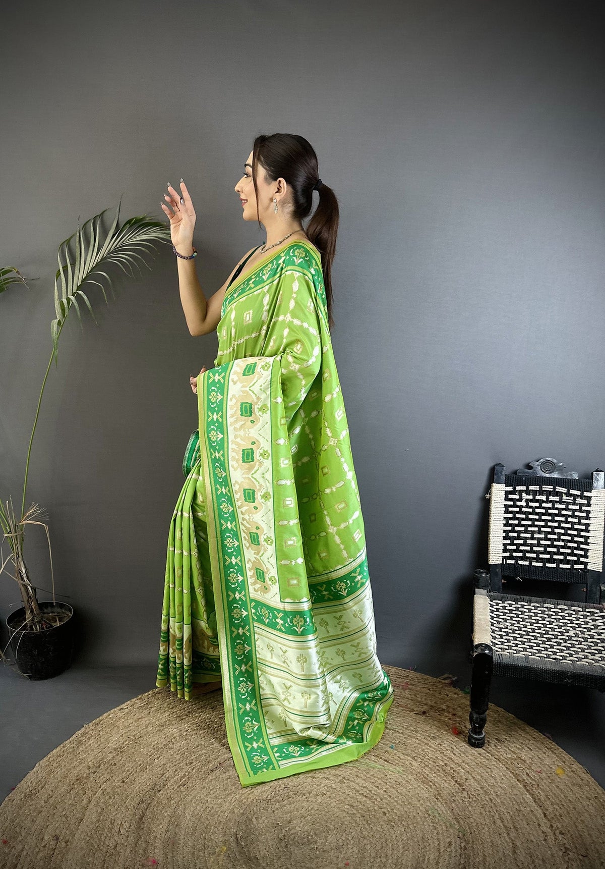 Pear Green Banarasi Silk Saree with Nature Motifs