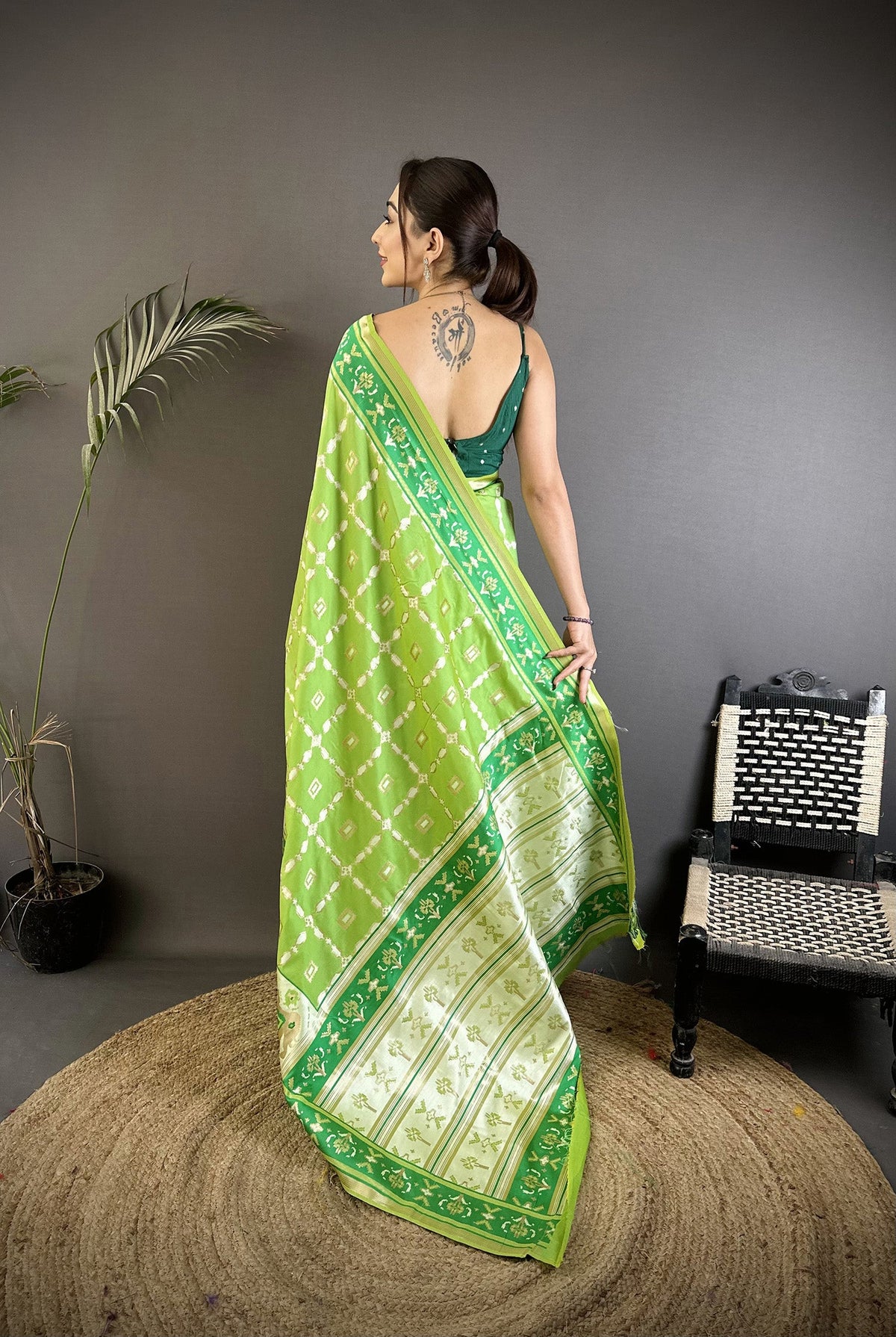 Pear Green Banarasi Silk Saree with Nature Motifs
