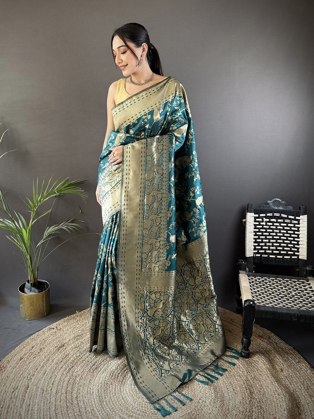 Teal Blue Banarasi Soft Lichi Silk saree with floral Zari pattern