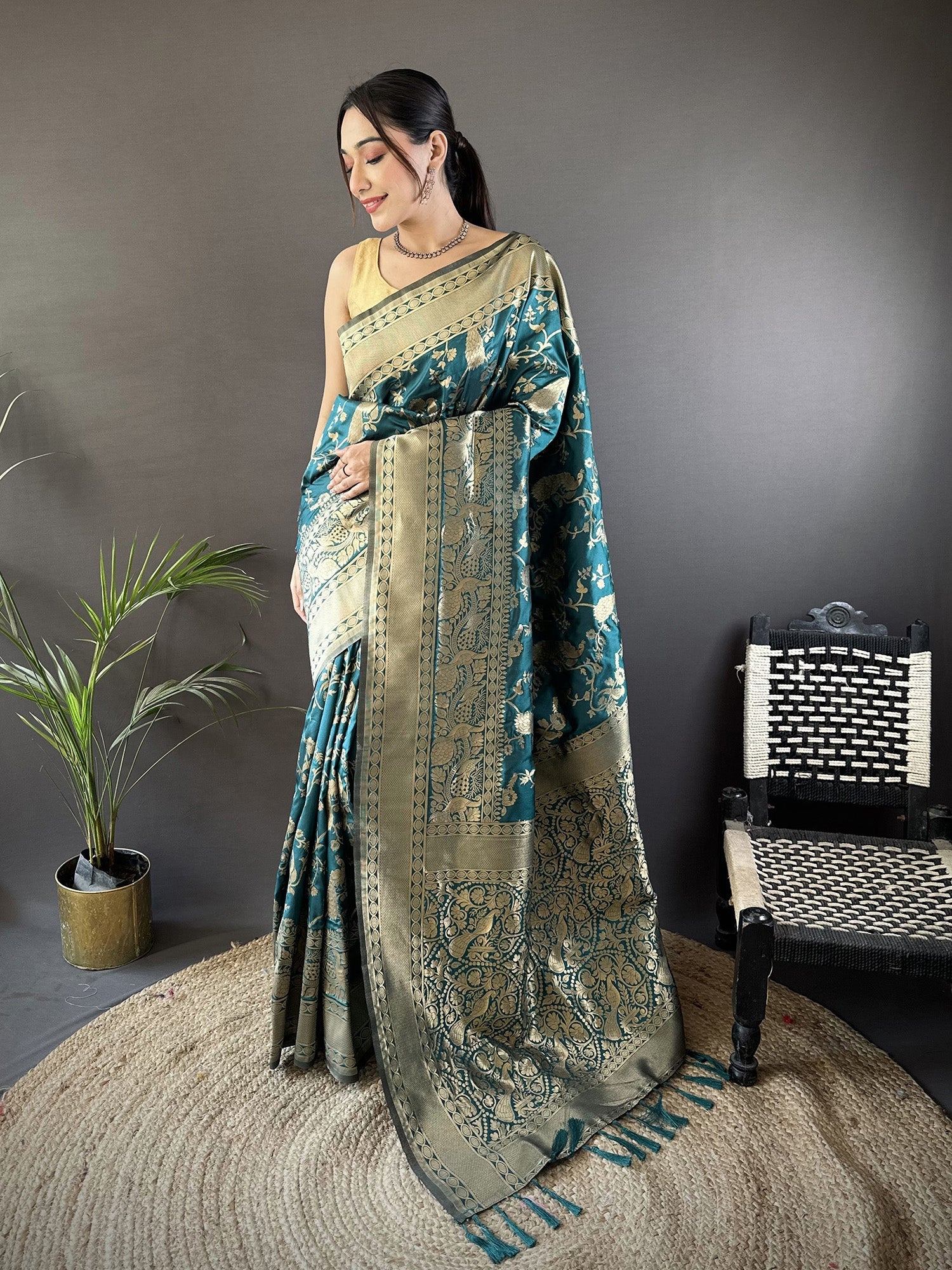 Teal Blue Banarasi Soft Lichi Silk saree with floral Zari pattern
