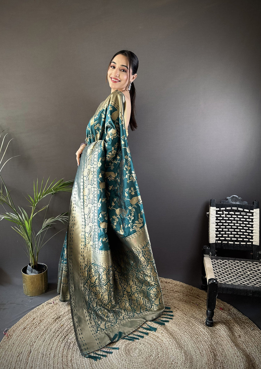 Teal Blue Banarasi Soft Lichi Silk Saree with Zari Pattern