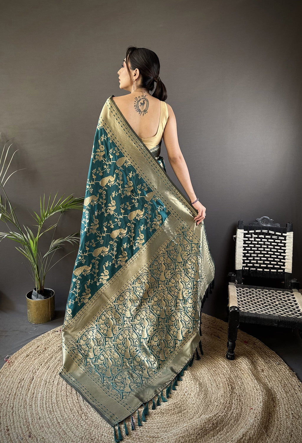 Teal Blue Banarasi Soft Lichi Silk Saree with Zari Pattern