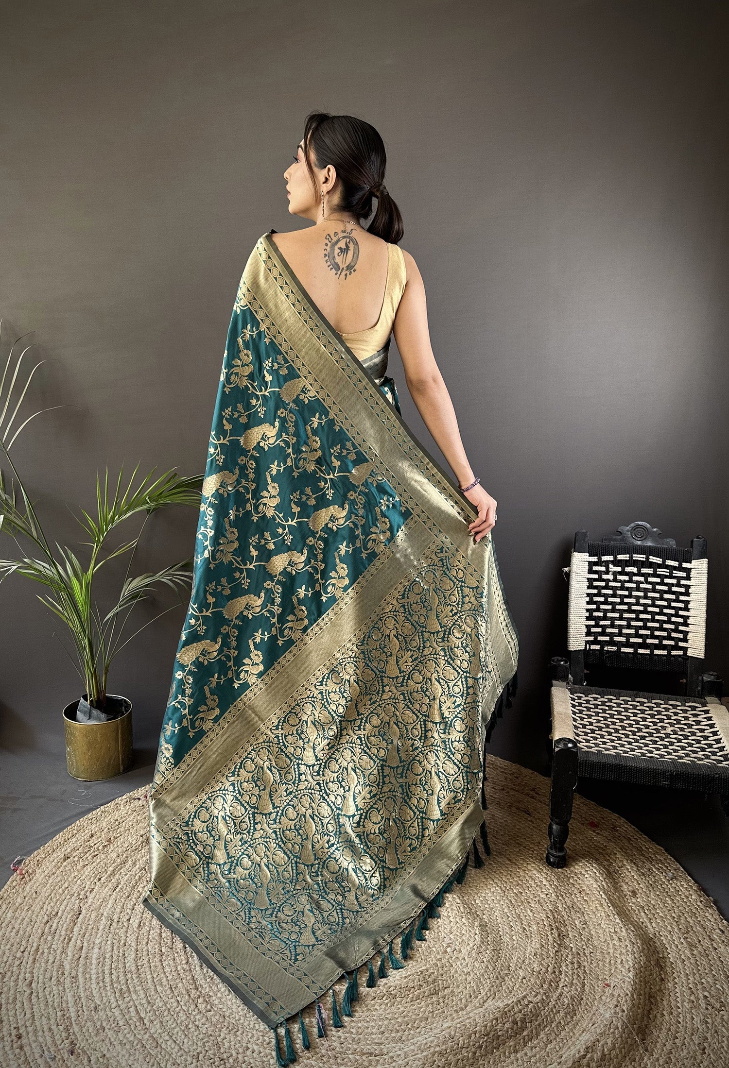 Teal Blue Banarasi Soft Lichi Silk Saree with Zari Pattern