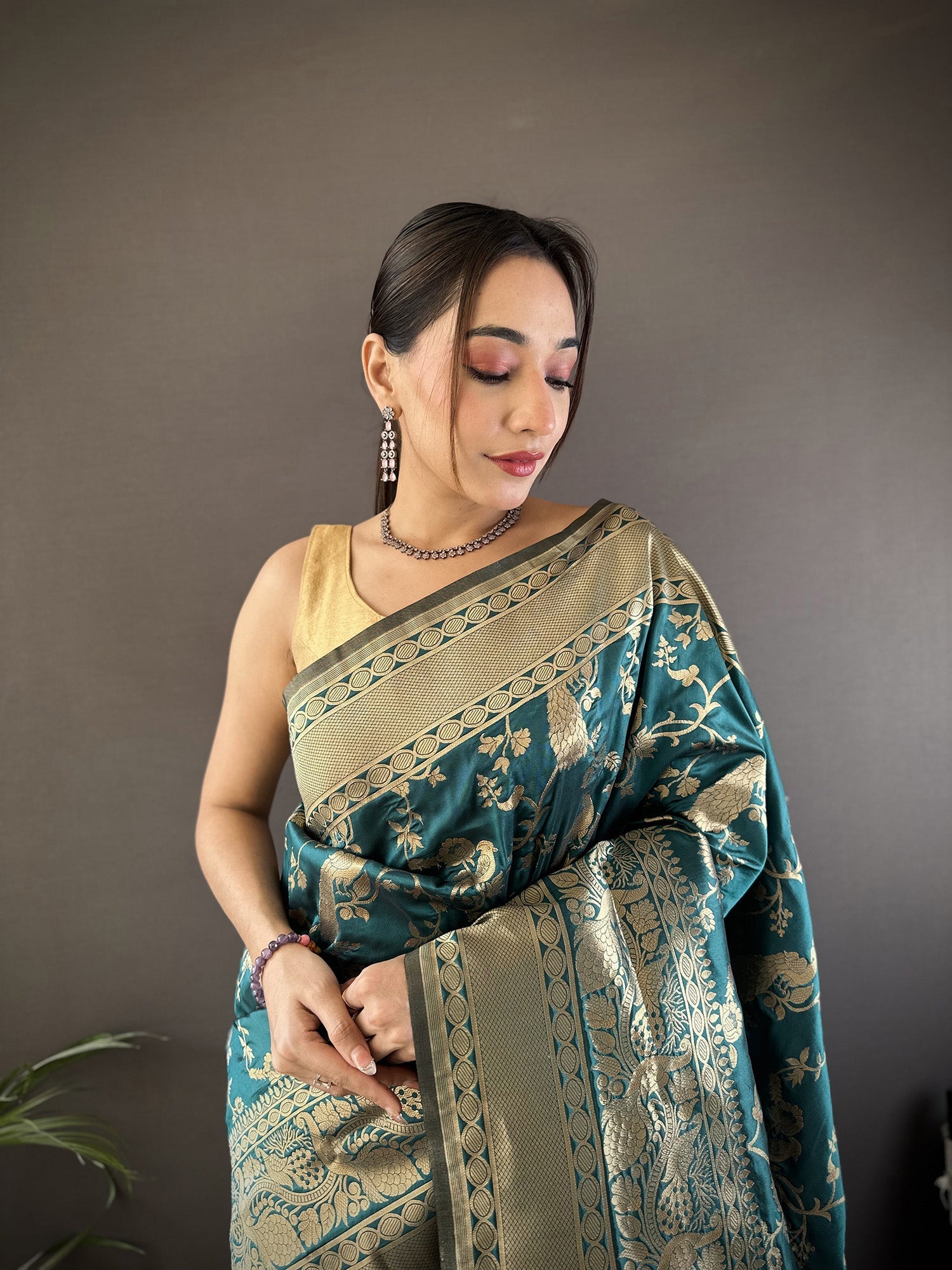 Teal Blue Banarasi Soft Lichi Silk Saree with Zari Pattern