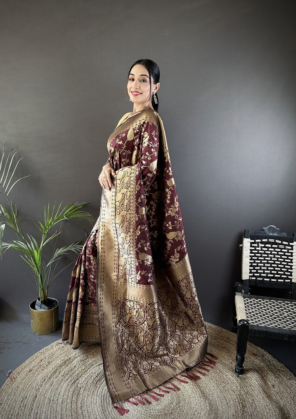 Brown Banarasi Soft Lichi Silk Saree with Floral Zari